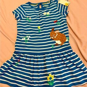 Mini Boden Blue and White Striped Dress with Bunny and Floral Design